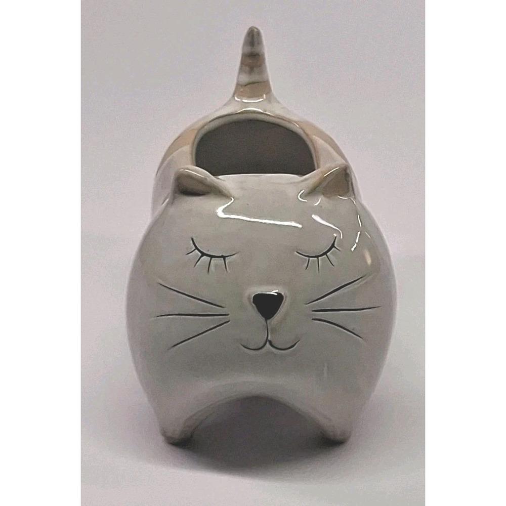 Cat Shaped Ceramic Planter Cream/Beige  8" x 4.5" x 5.5" & 4.5" x 2.5" Diameter